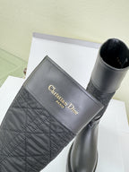 Women's Dior knee-high boot with quilted upper panel and gold Dior logo