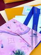Pink Louis Vuitton small bag open, tropical birds and Eiffel Tower print.