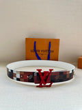 Louis Vuitton checkered belt with red V buckle and white leather strap, front view