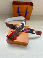Louis Vuitton checkered belt with red V buckle, white strap with holes