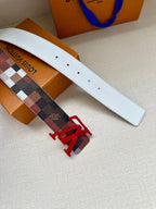 Louis Vuitton belt strap in white with checkered panel and red V buckle
