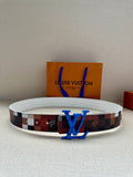 Louis Vuitton belt: dark checkered strap with blue LV buckle and white trim
