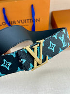 Louis Vuitton belt buckle detail on dark navy strap with turquoise monogram pattern