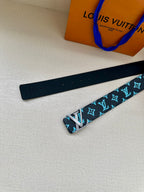 Louis Vuitton belt strap with turquoise monogram pattern and gold buckle hardware