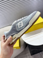 Fendi unisex sneakers, gray suede-look with white laces, FENDI F logo on quarter