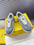 Fendi unisex sneakers, gray suede-look uppers with white laces and logos