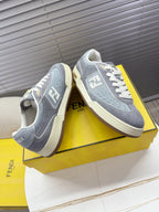 Fendi unisex sneakers, light gray uppers, white laces, side F logo, beige-trim sole