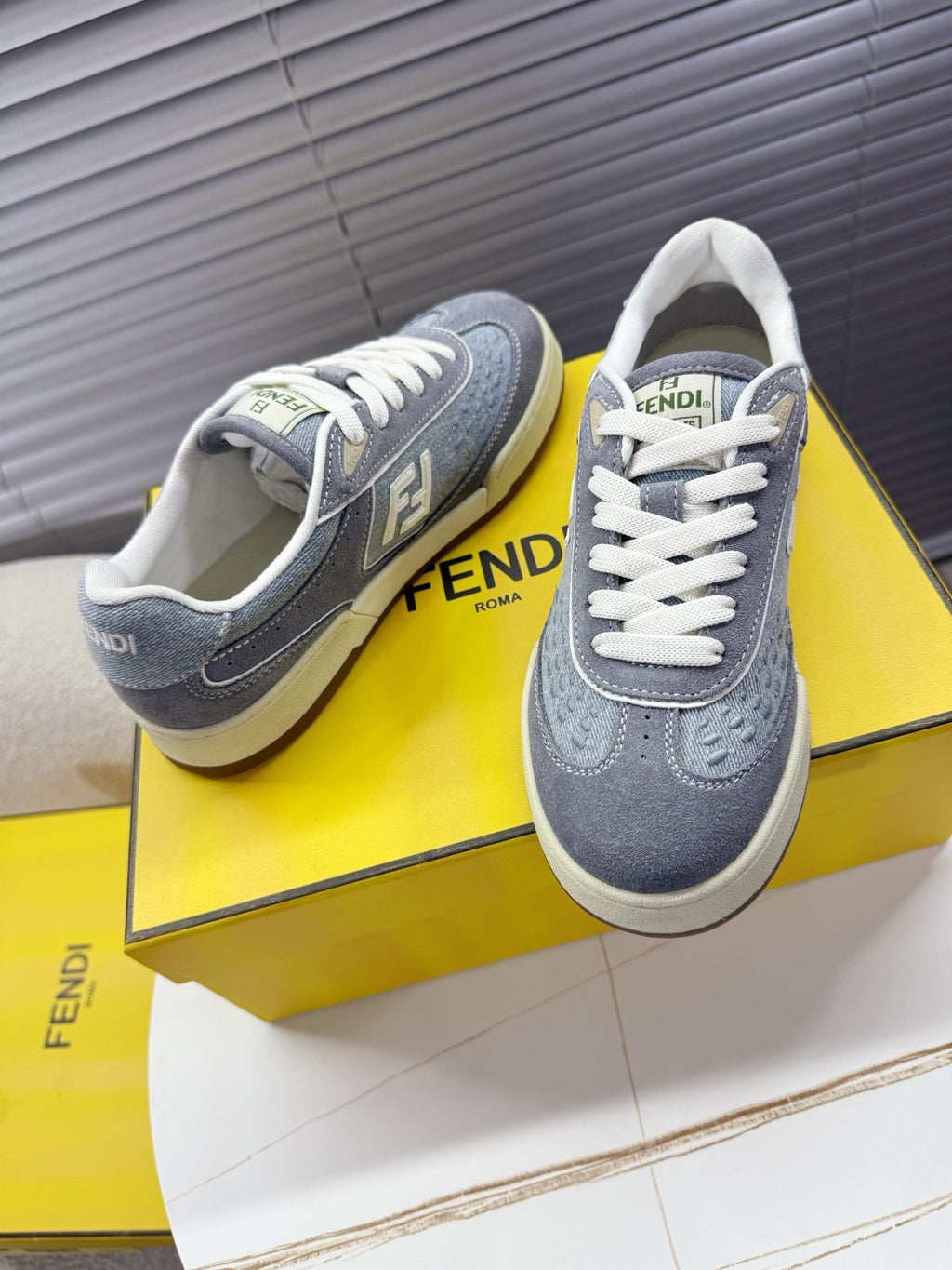 Fendi unisex sneakers, gray uppers with white laces, FENDI text on tongue