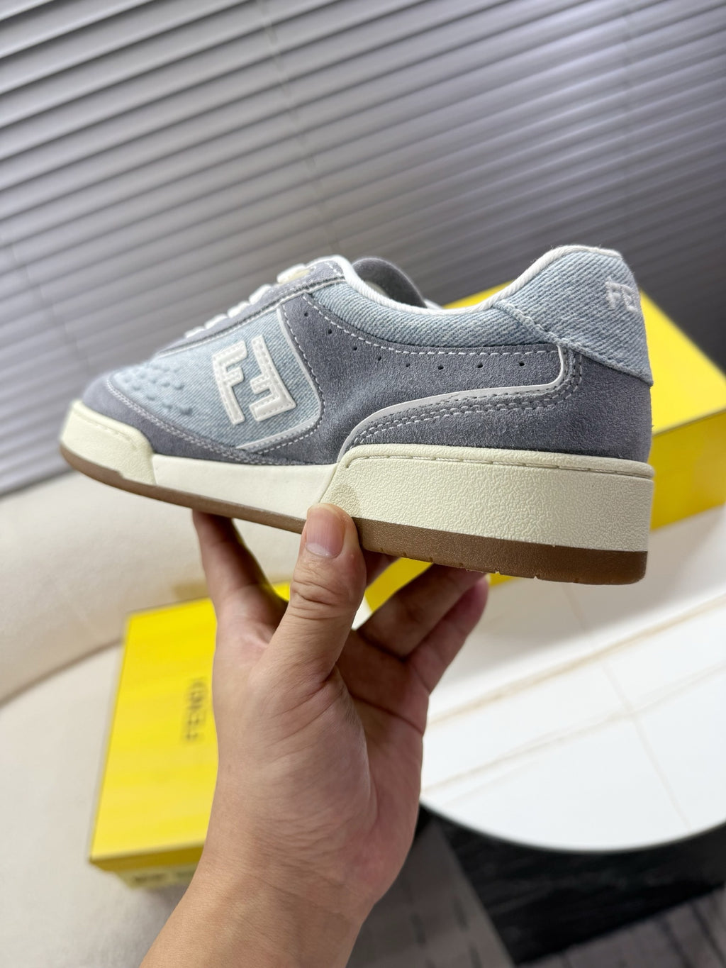 Fendi unisex sneakers, gray suede-look with white laces, tan outsole and logo patch