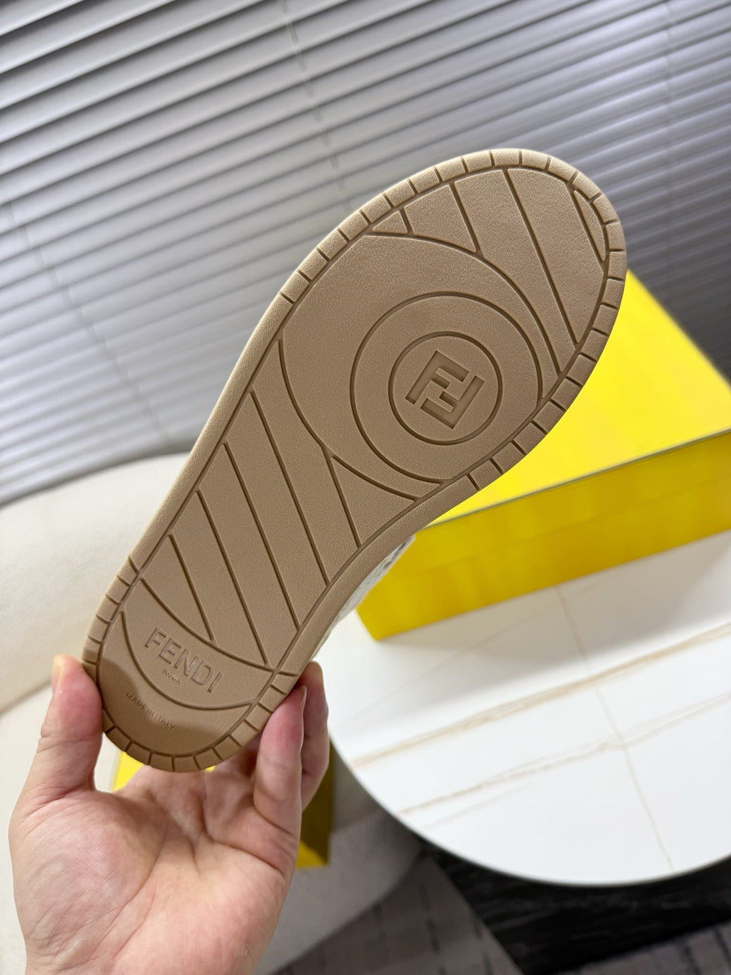 Treaded outsole for Fendi unisex sneakers, beige rubber sole with Fendi logo circle