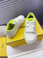 Fendi unisex sneakers: white low-top with neon green collar and tongue Fendi label, beige sole