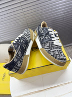 Fendi unisex sneakers, black and white FF monogram, white laces, tan-trimmed sole edge
