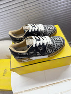 Fendi unisex sneakers top view, navy and white FF monogram fabric, white laces