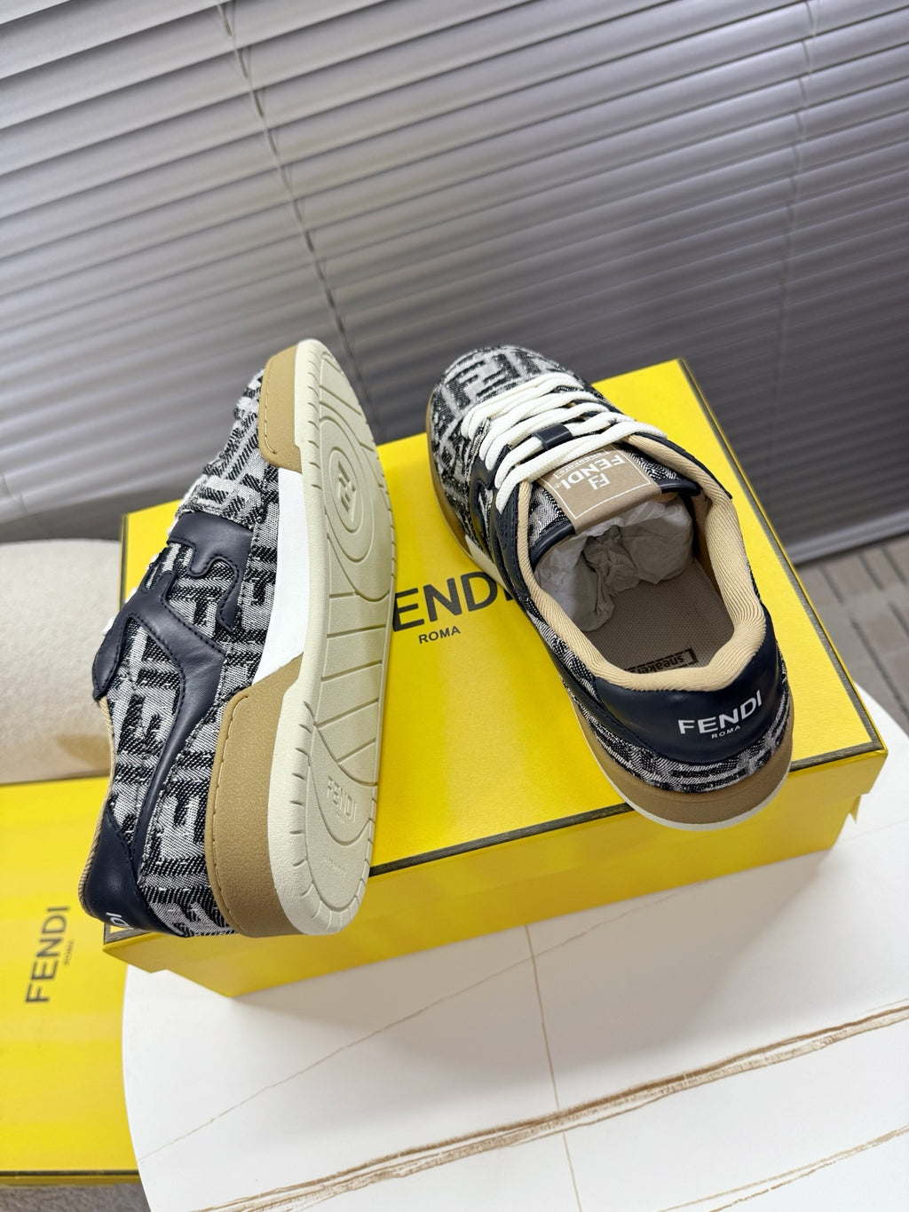 Fendi unisex sneakers, black and white FF pattern upper, white laces, beige sidewall sole