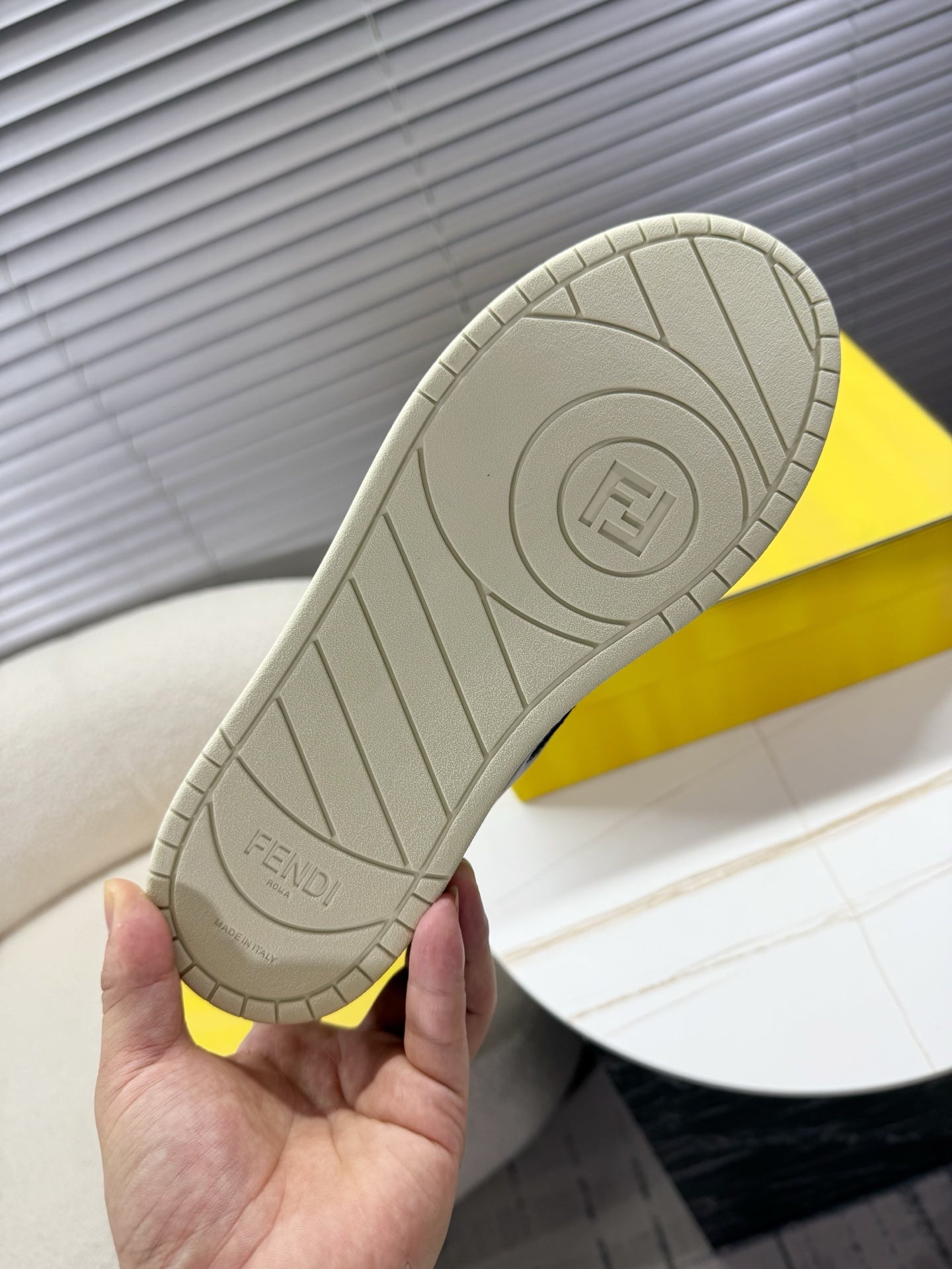 Fendi unisex sneaker outsole, beige rubber tread with logo and geometric pattern