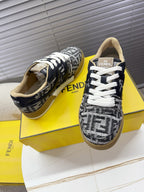 Fendi unisex sneakers pair view, navy and white FF logo print, white lace-up
