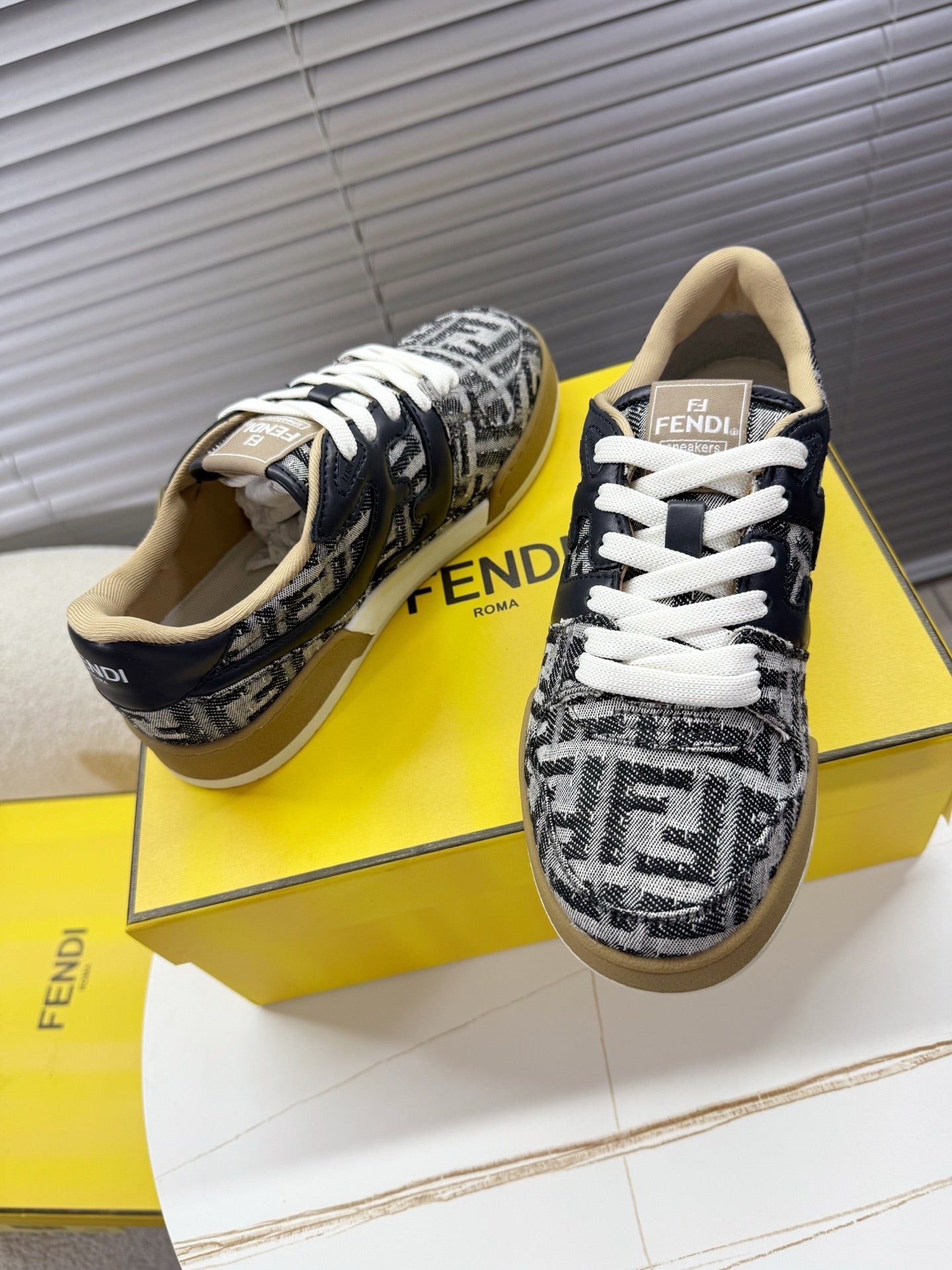 Fendi unisex low-top sneakers, black and white FF knit, white laces, beige rubber sole