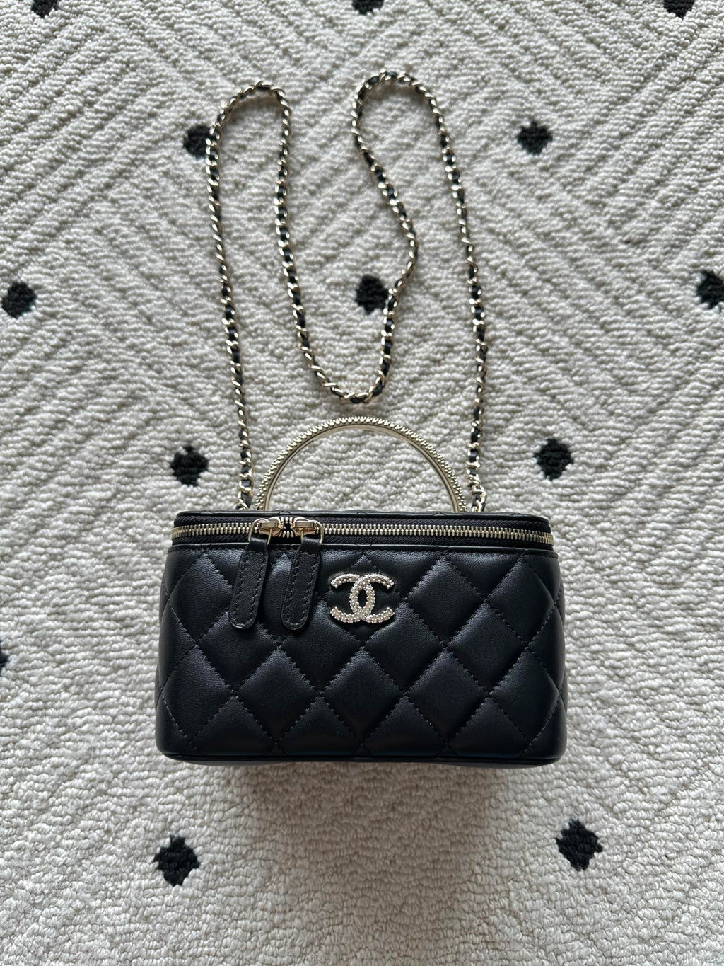 Chanel quilted bag with chain strap, round top handle, black finish