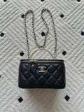 Chanel quilted bag with chain strap, round top handle, black finish