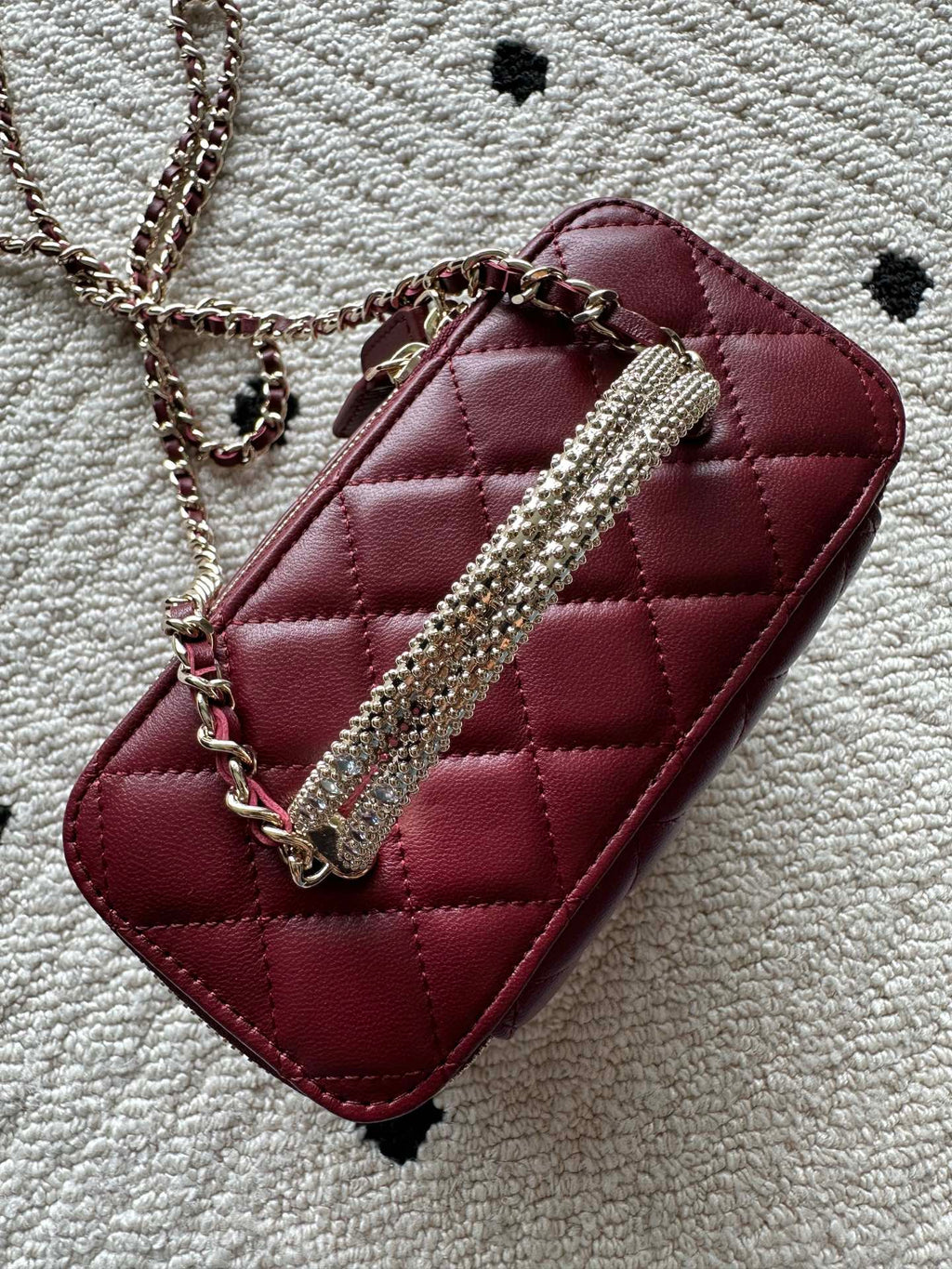 Chanel quilted mini bag, burgundy leather with rhinestone chain strap and top handle