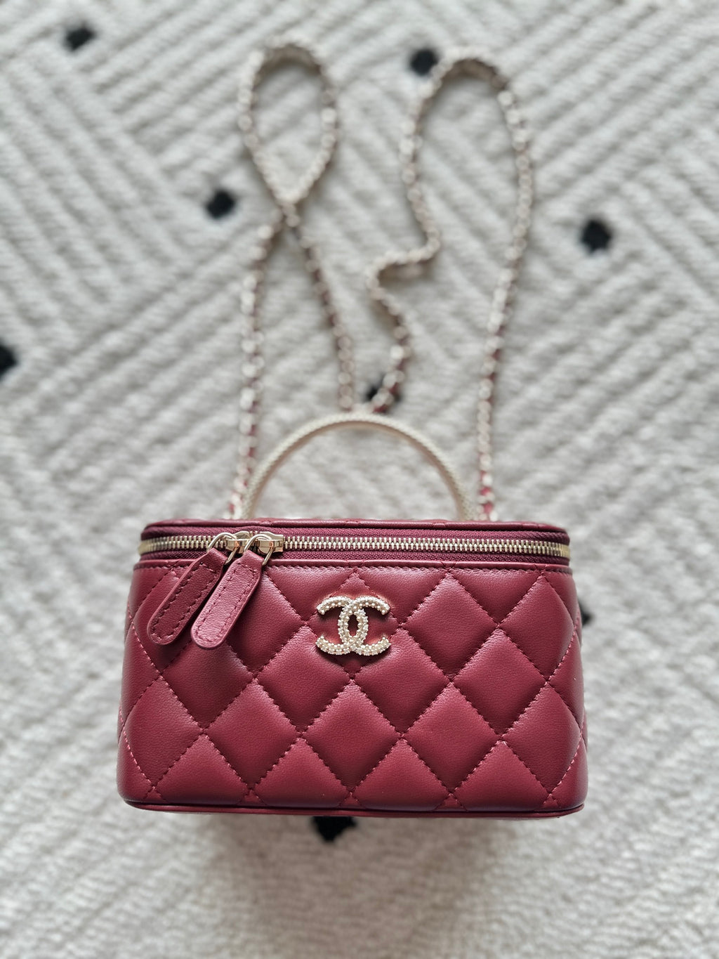 Chanel quilted mini bag with top zip, burgundy leather and double chain strap