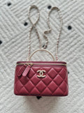 Chanel quilted mini bag with top zip, burgundy leather and double chain strap
