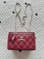 Chanel quilted mini bag with top zip, burgundy leather and double chain strap