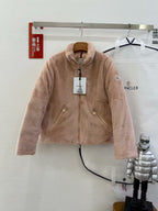 Taupe zip fleece jacket with hood and two front pockets, hanging on a hanger