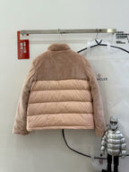 Taupe hooded puffer jacket with horizontal quilting, back view on a hanger