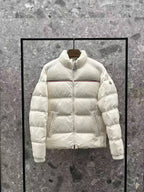 White puffer jacket, front zip, stand collar, quilted bubble padding
