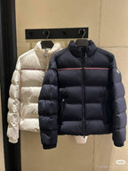 Puffer jackets: white and dark navy, front zip, red stripe, hoodless