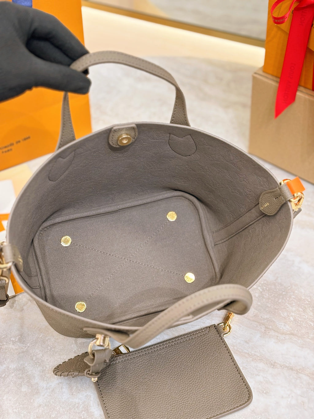 Louis Vuitton gray tote bag interior with detachable zip card pouch