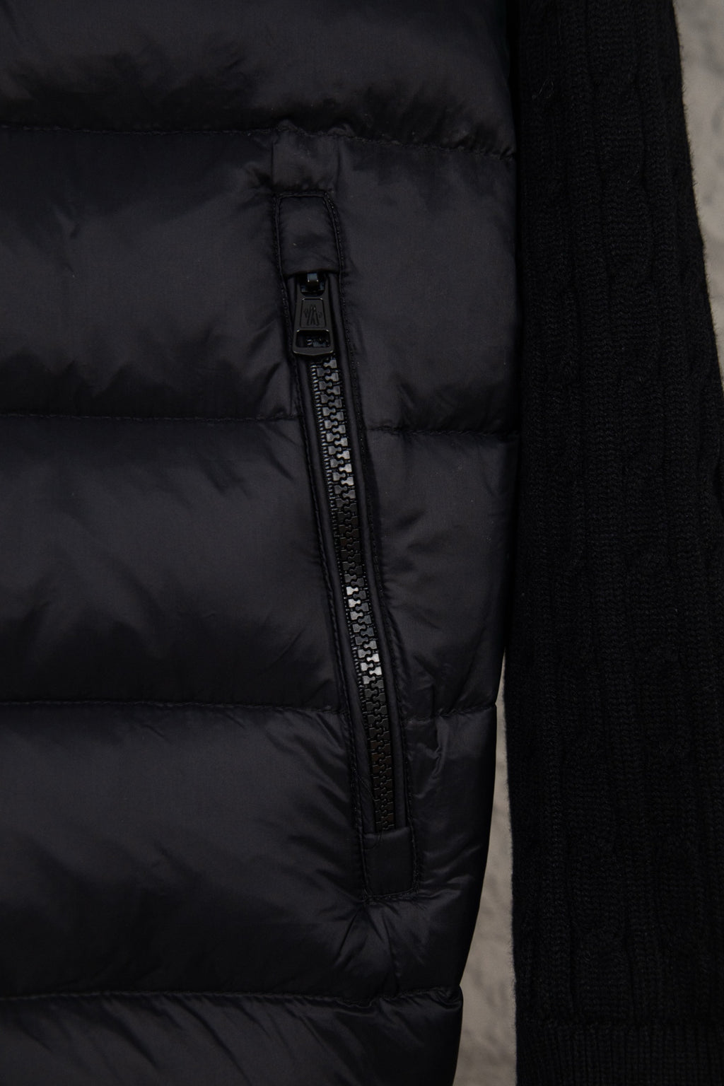 Moncler puffer jacket quilted side panel with zipper and knit trim