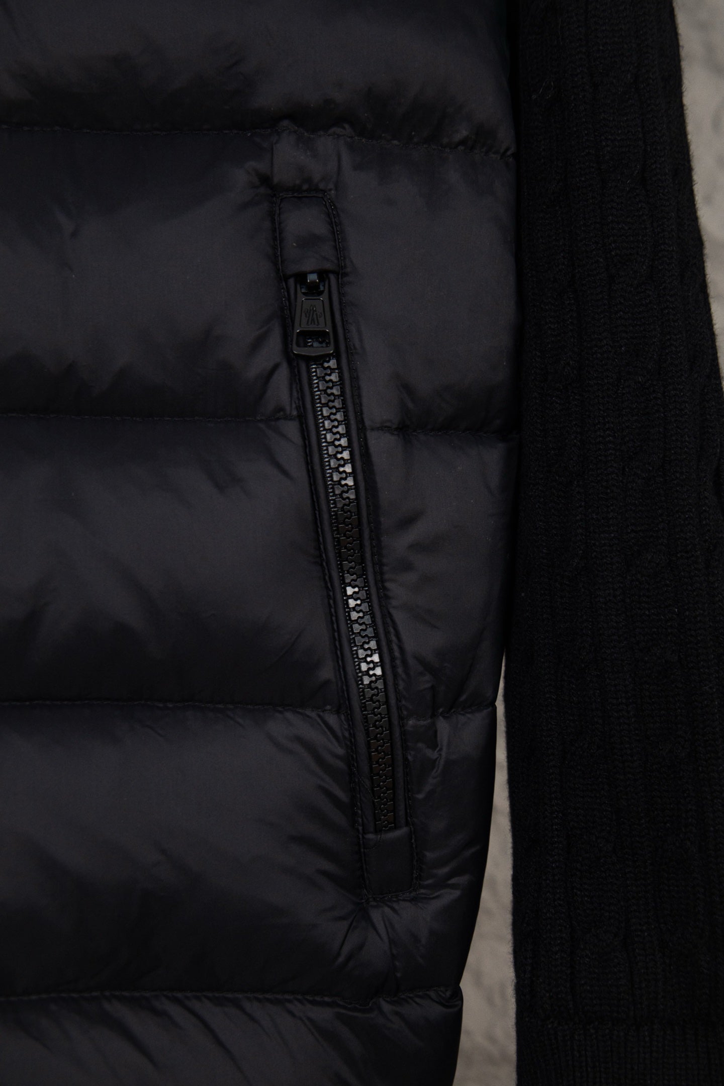 Moncler puffer jacket quilted side panel with zipper and knit trim