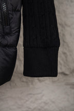 Moncler puffer jacket lower sleeve and knit cuff, dark quilted fabric