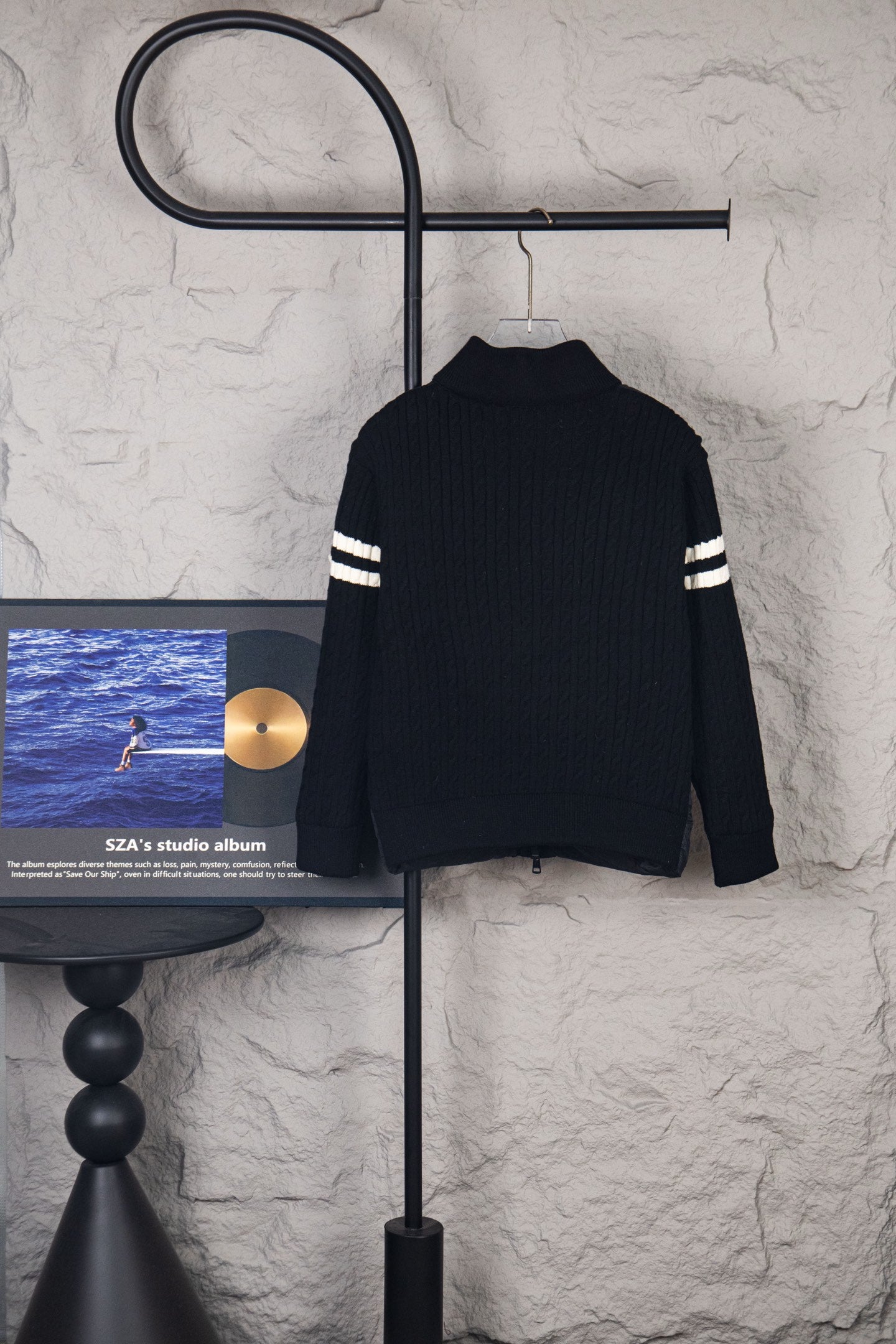 Moncler long puffer jacket, ribbed knit back, black zip front and striped sleeves