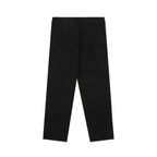 Dark straight-leg pants with simple waistband and back seam