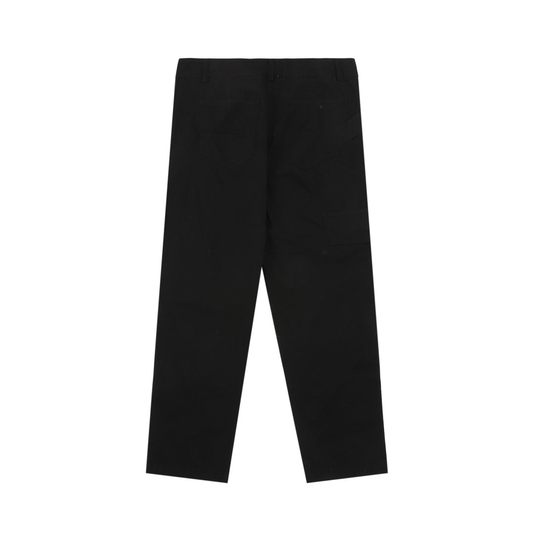 Dark straight-leg pants with simple waistband and back seam