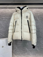 Cream long puffer jacket with hood, front zip closure, quilted texture, flap pockets