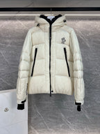 Cream long puffer jacket with hood, front zip, quilted panels, flap pocket detail