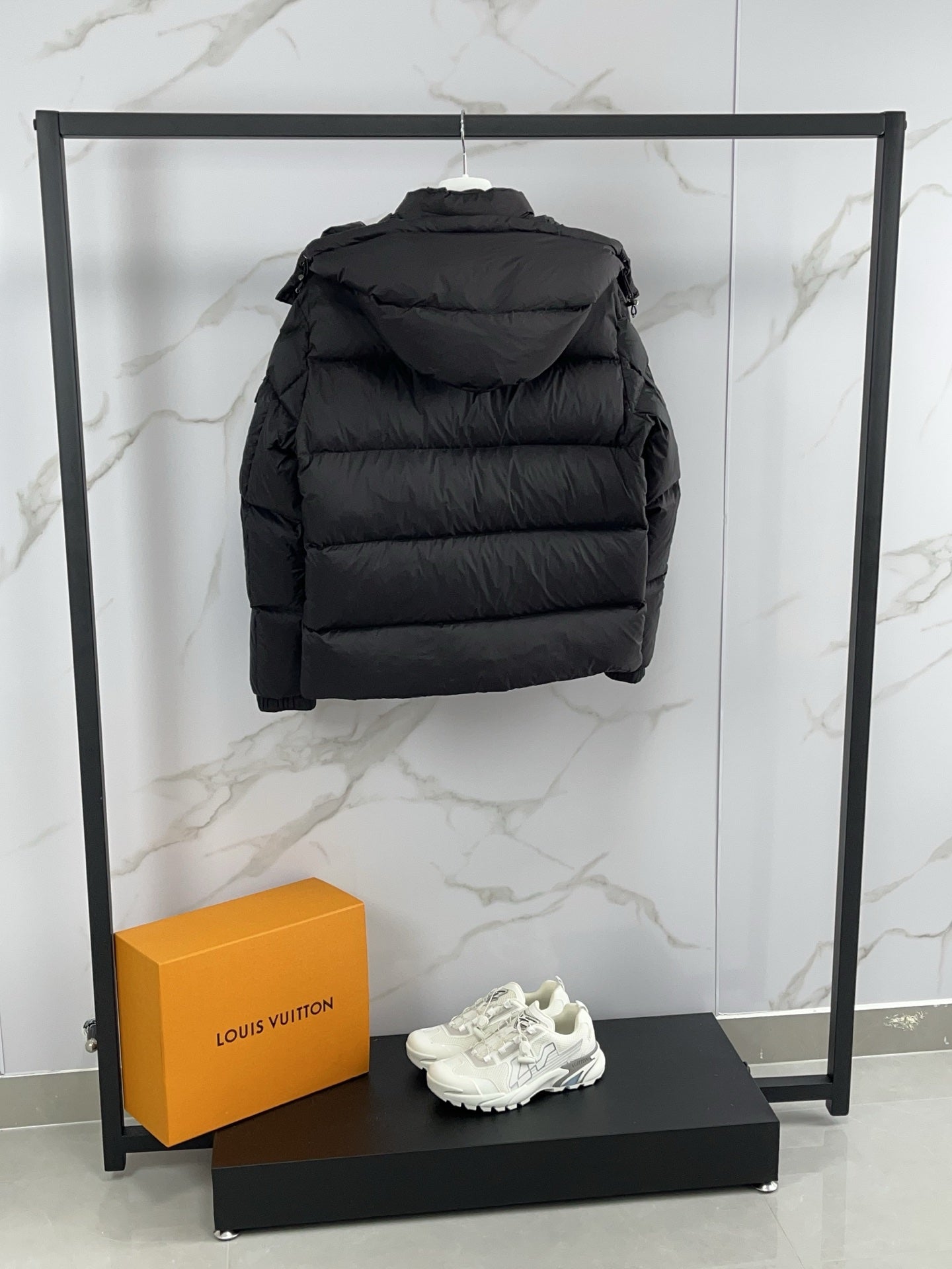 Moncler black hooded down jacket, quilted back with full zipper closure
