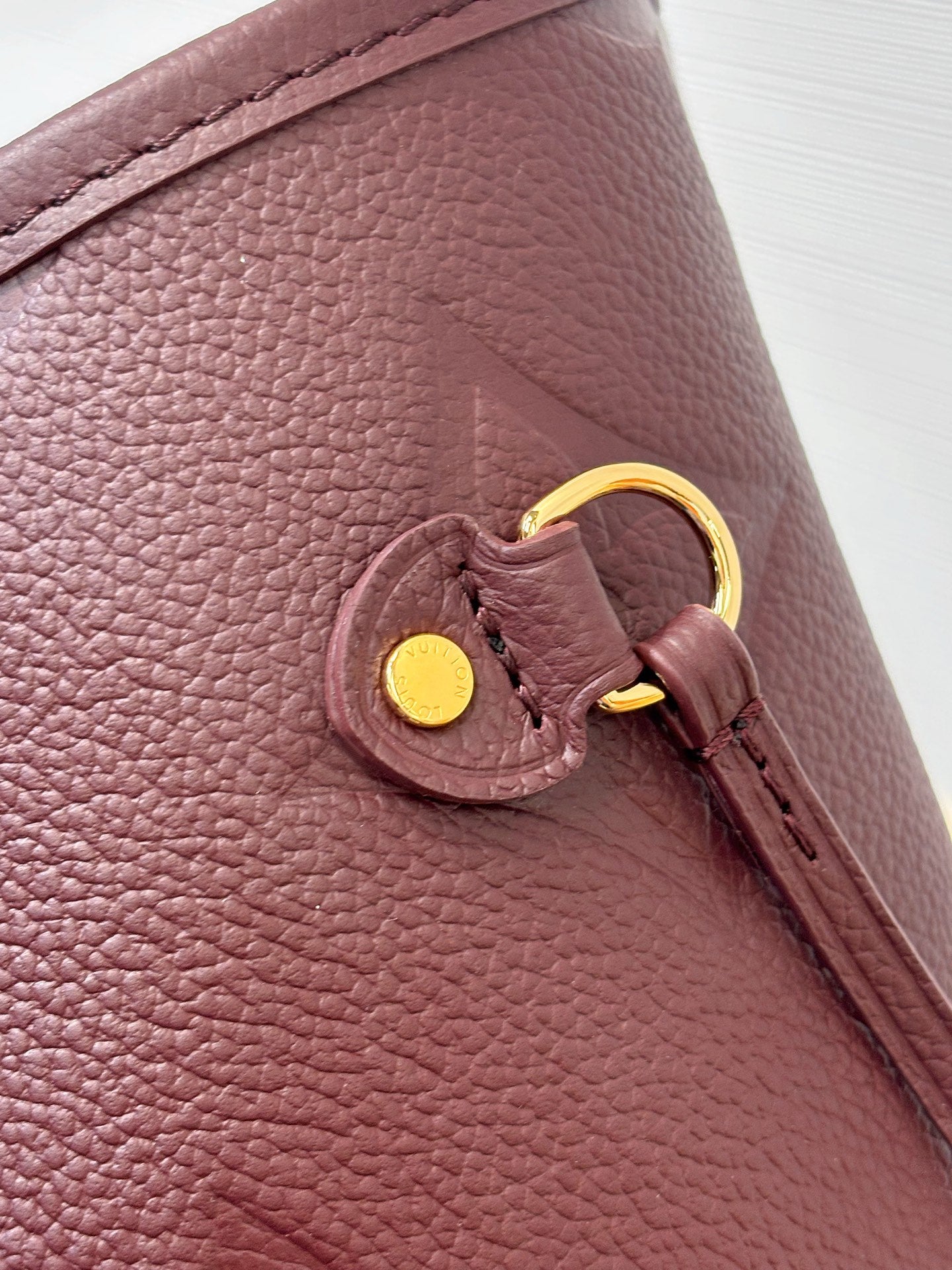 Louis Vuitton monogram bag corner with leather pull tab and gold ring detail