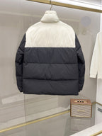 Two-tone puffer jacket with hood, back view, white upper and dark lower