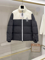 Two-tone puffer jacket with front zipper and Moncler logo, white and dark