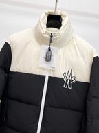 Moncler puffer jacket with front zip and chest logo, white upper and black