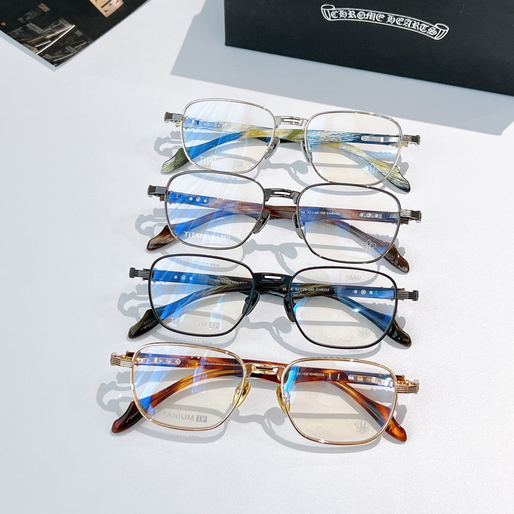 Set of four eyeglasses with blue-tinted lenses and metal frames.