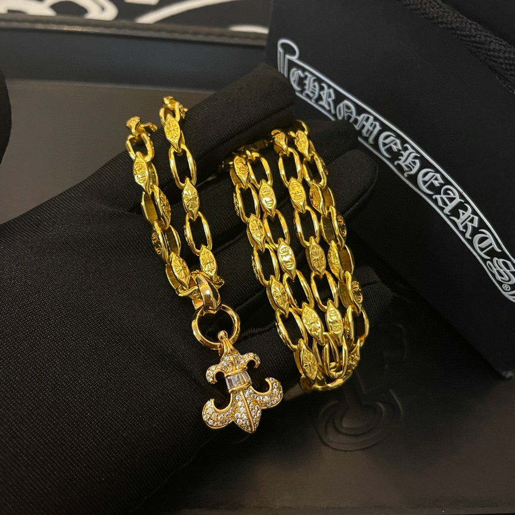 Gold chain bracelet and necklace set with cross charms