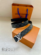 Checked belt coiled with LV buckle on orange gift boxes