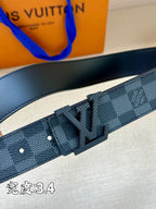 Checked strap belt with punched holes and LV-style buckle