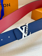 Louis Vuitton belt close-up with textured blue strap and silver LV buckle